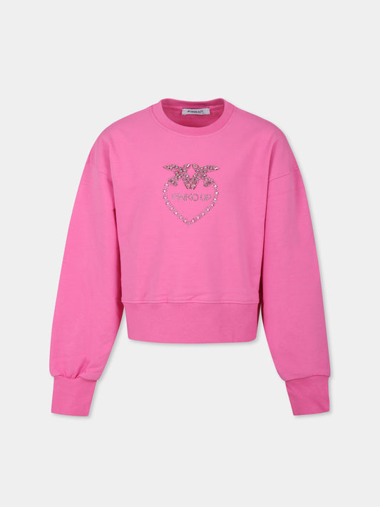 Felpa crop rosa per bambina con logo e strass,Pinko,S4PIBGSW133 045