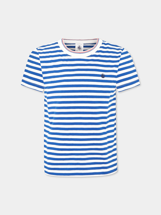 T-shirt azzura per bambino con logo,Petit Bateau,A0CYW PORCELANA/MARSHMALLOW 01