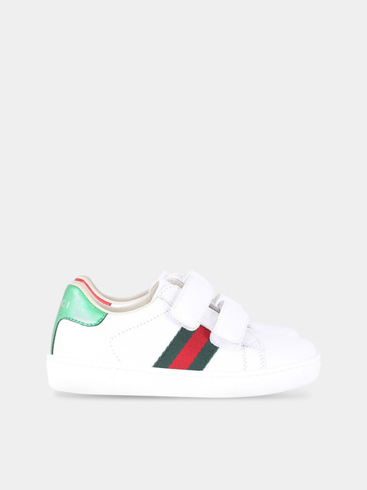 Sneaker bianche per bambini con dettaglio verde e rosso,Gucci Kids,455447/448/455496 CPWP0 9085