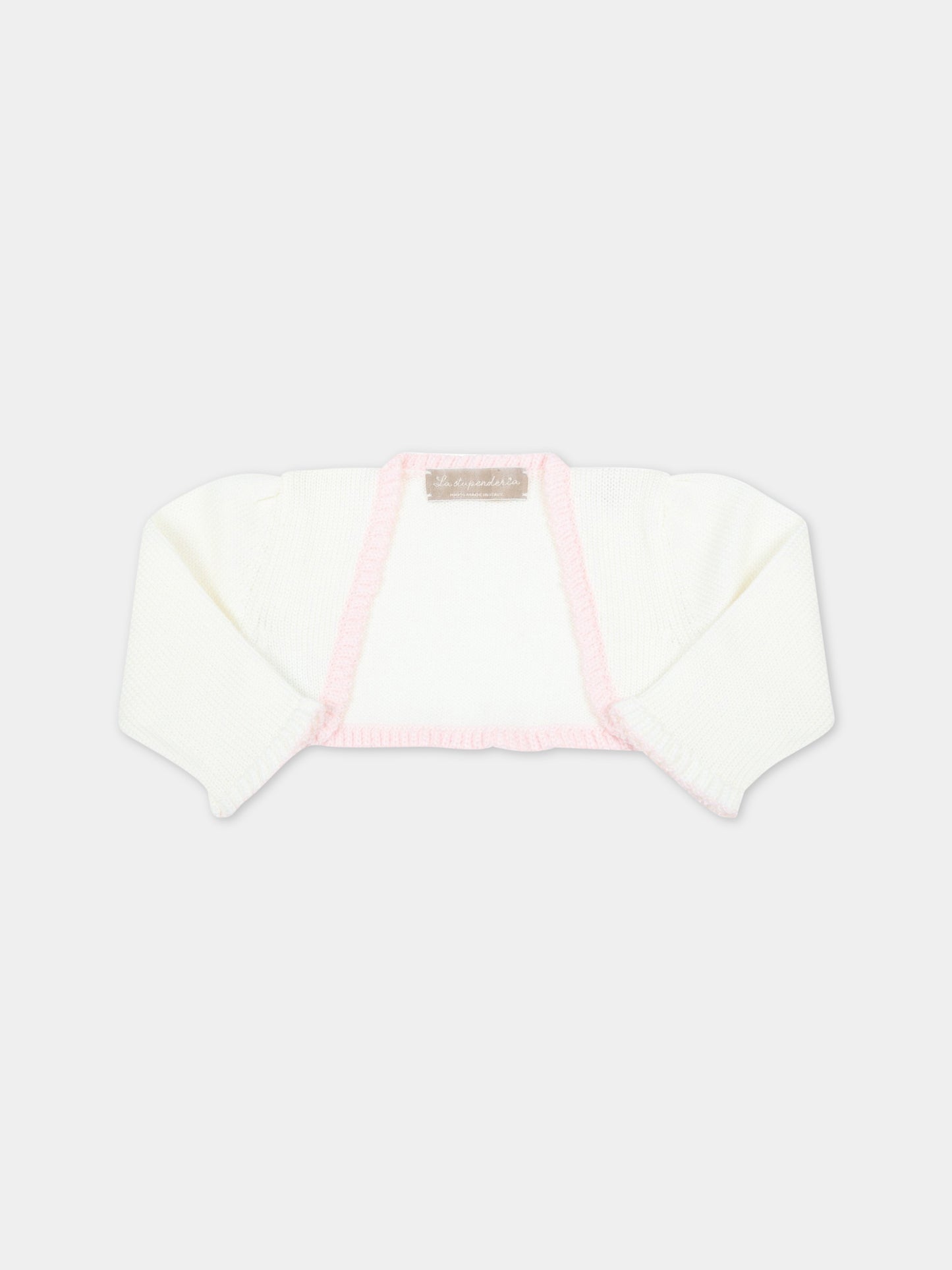 Cardigan bianco per neonato con orlo rosa,La Stupenderia,WBSS02800 803