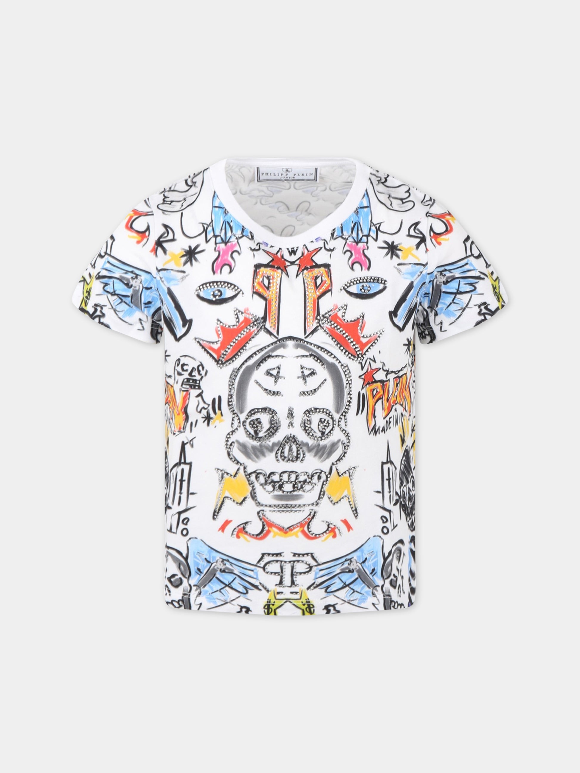 T-shirt bianca per bambino con loghi,Philipp Plein Junior,2PM004 LAA26 WHITE BAS