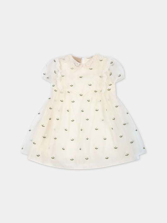 Vestito avorio per neonata con fiori ricamati e logo GG,Gucci Kids,724028 ZALI3 9125