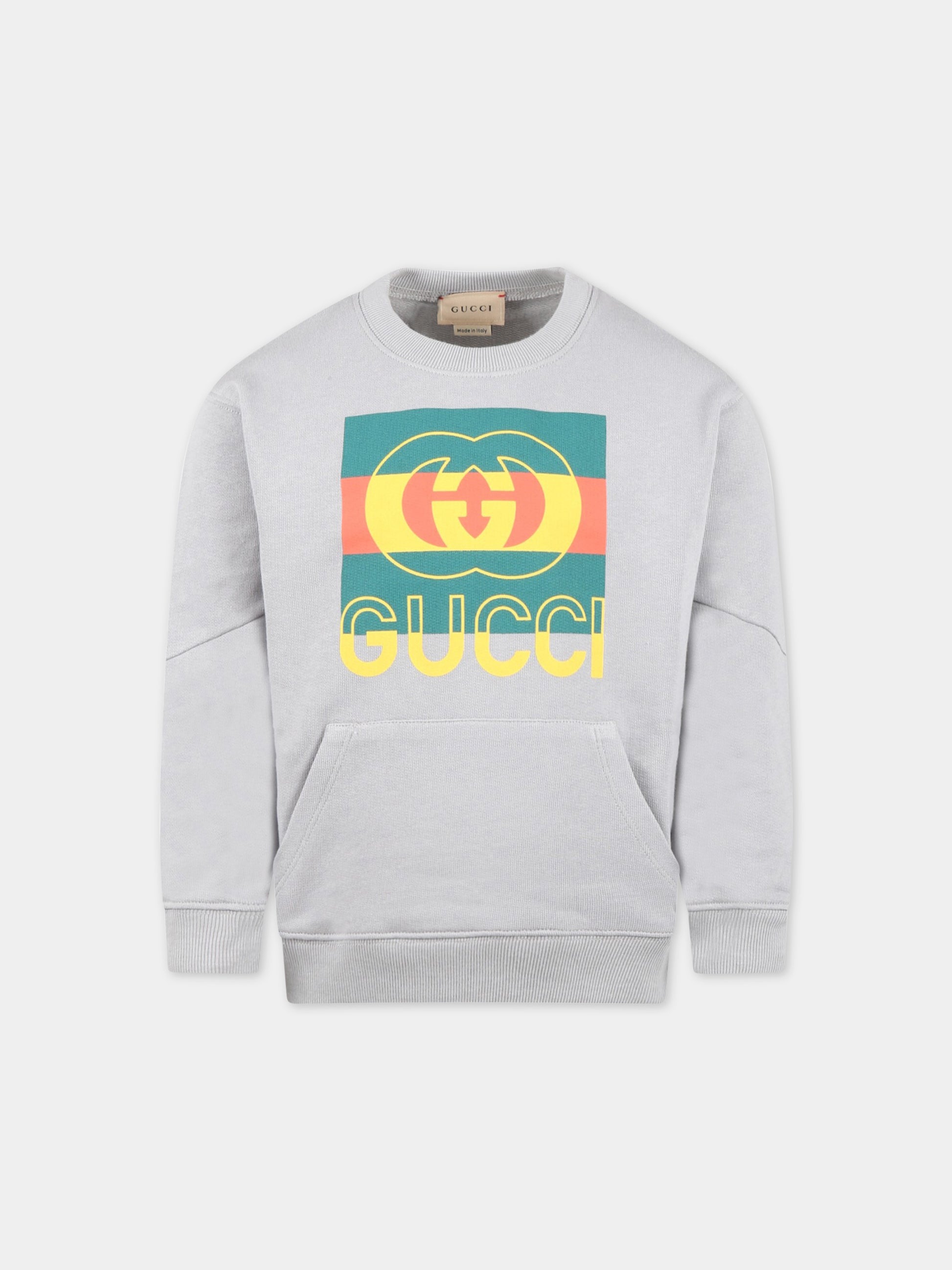 Felpa grigia per bambino con logo GG giallo,Gucci Kids,732466 XJEZT 1031