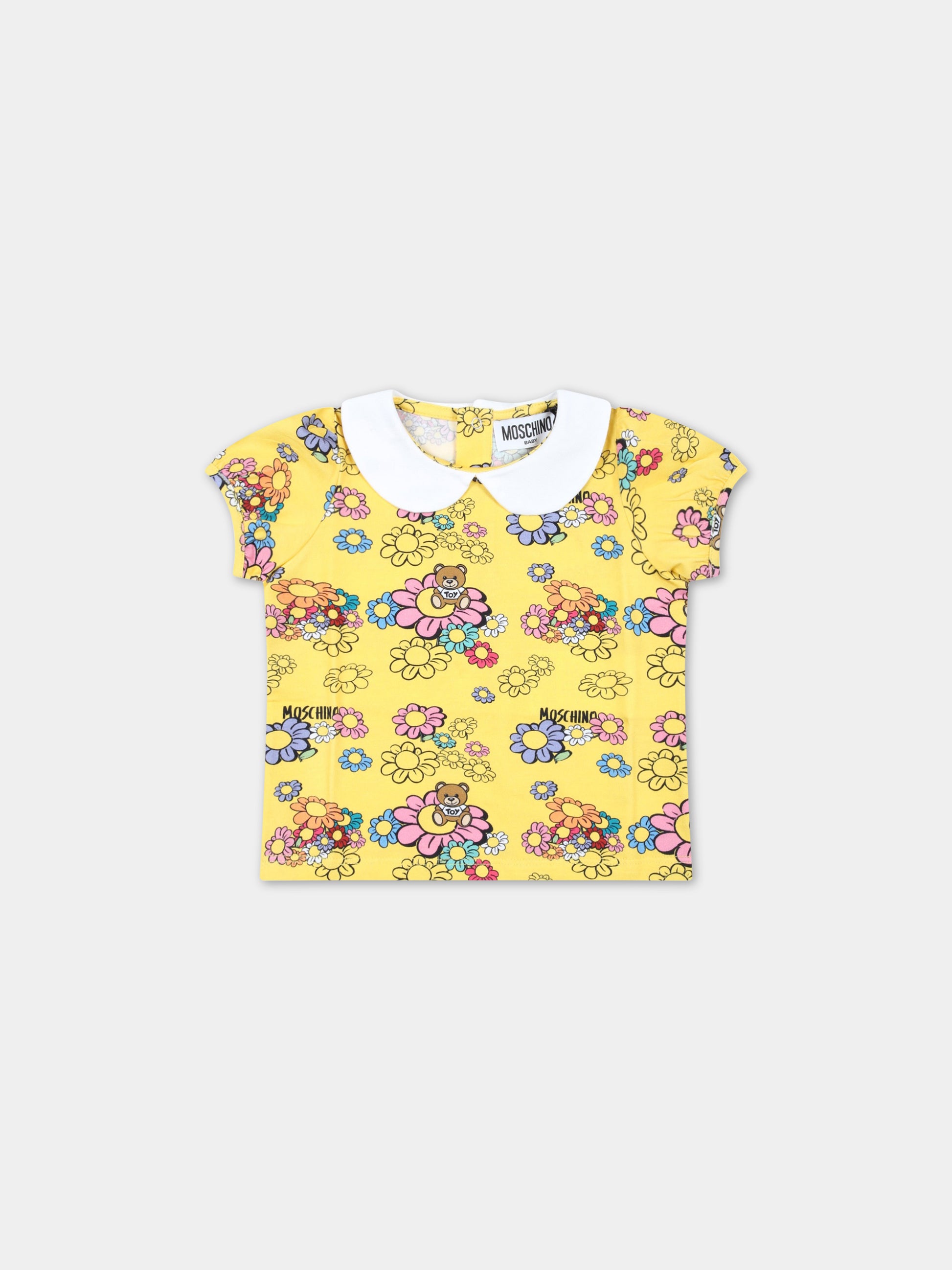 T-shirt gialla per neonata con fiori e Teddy Bear,Moschino Kids,MBM02S LBC01 84296