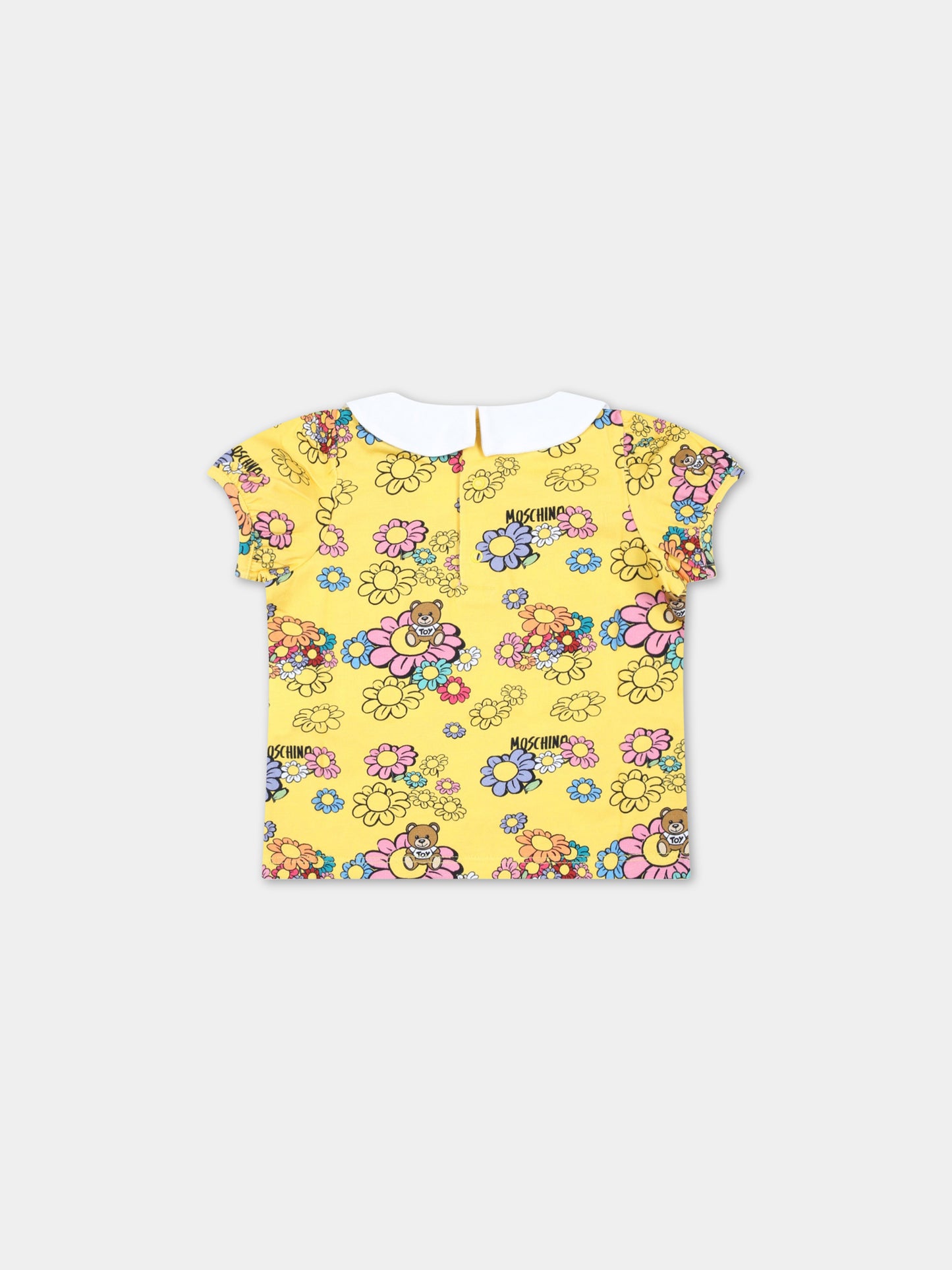 T-shirt gialla per neonata con fiori e Teddy Bear,Moschino Kids,MBM02S LBC01 84296