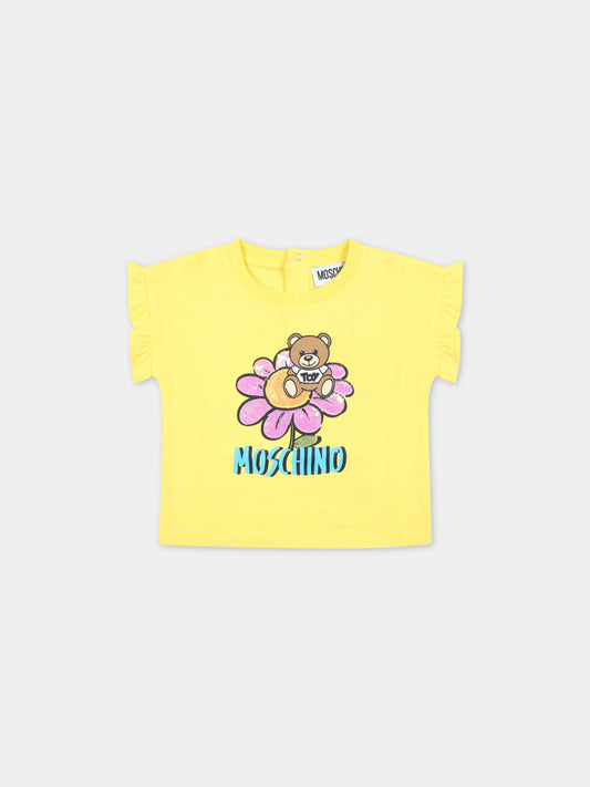 T-shirt gialla per neonata con fiore e Teddy Bear,Moschino Kids,MDM039 LBA08 50162