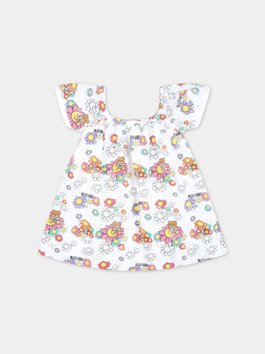 Vestito bianco per neonata con fiori e Teddy Bear,Moschino Kids,MAV094 S0Q08 84328