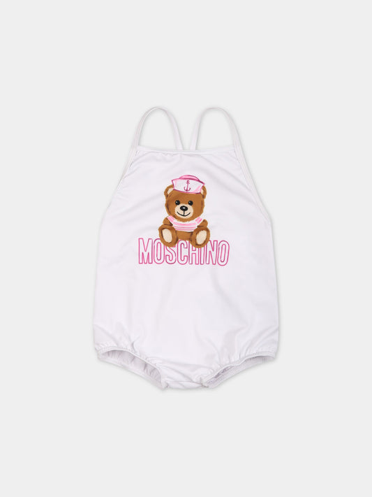 Costume bianco per neonata con Teddy Bear e logo,Moschino Kids,MDL00K LKA00 10101
