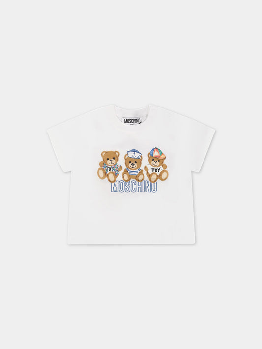 T-shirt bianca per neonati con Teddy Bear e logo,Moschino Kids,MRM032 LAA02 10101