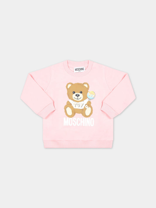 Felpa rosa per neonata con Teddy Bear e logo bianco,Moschino Kids,MMF04Q LCA19 50209