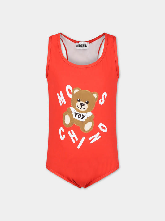 Costume rosso intero per bambina con Teddy Bear e logo,Moschino Kids,HDL00O LKA00 50109