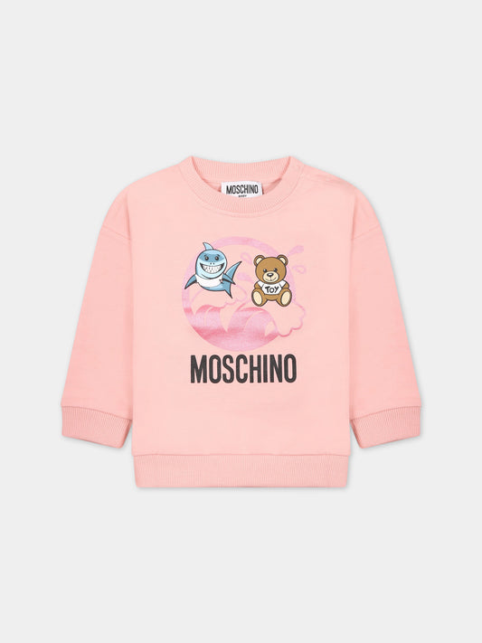 Felpa rosa per neonata con Teddy Bear e logo,Moschino Kids,MUF04S LCA19 50209