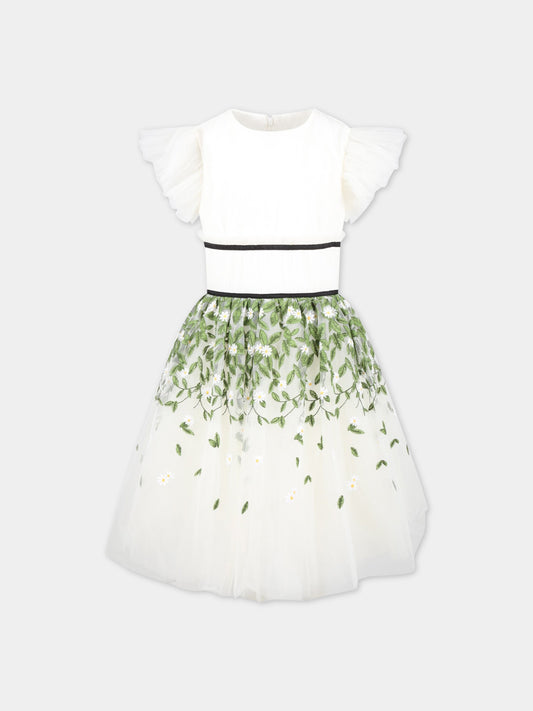 Vestito bianco per bambina con fiori e foglie,Monnalisa,71A912 1912 0123