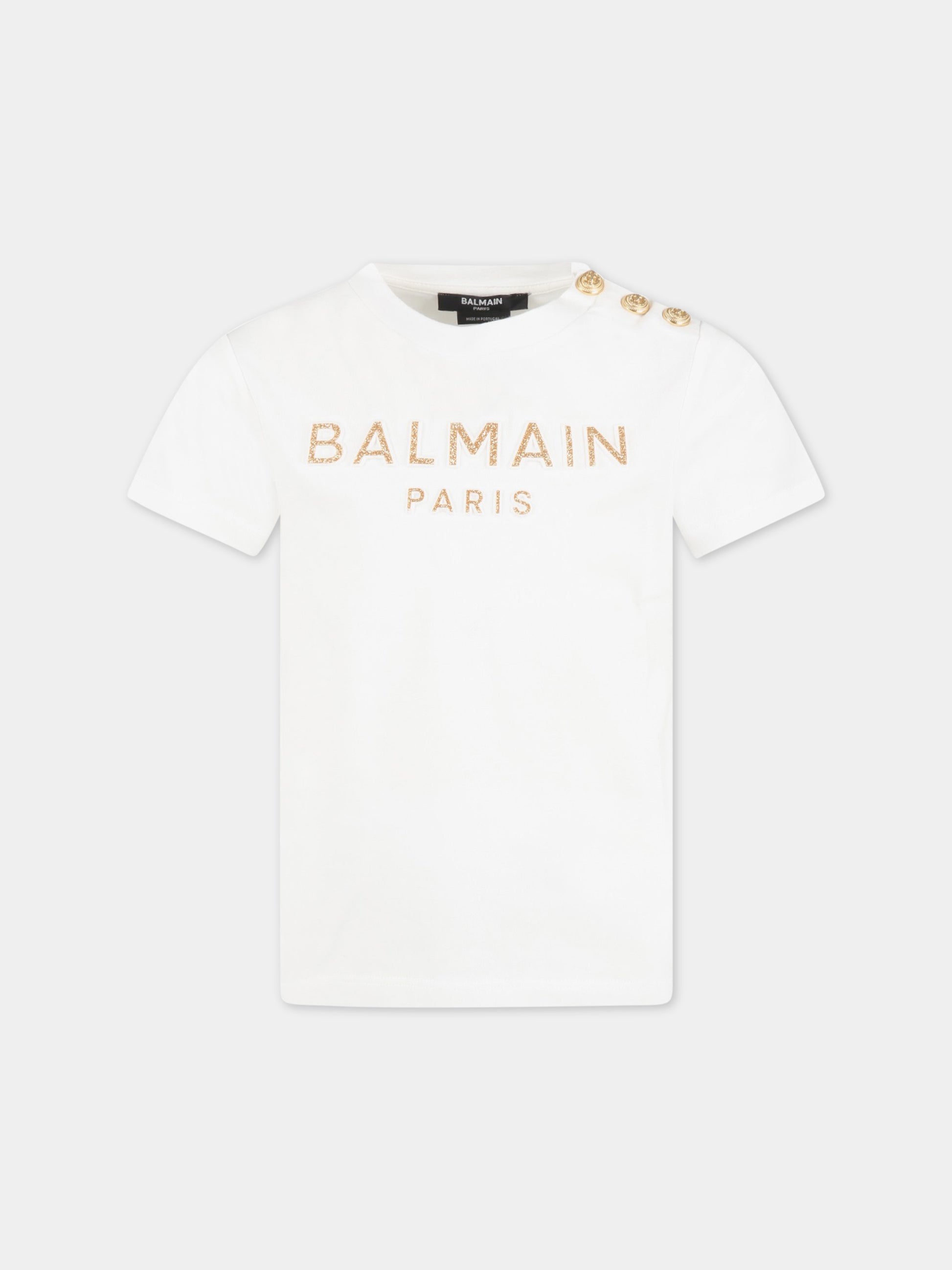 T-shirt bianca per bambina con logo dorato,Balmain Kids,BS8A01 Z0057 102