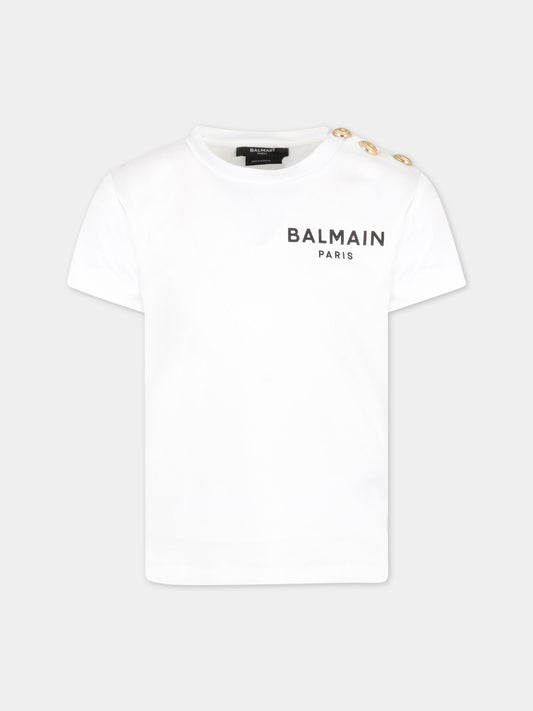 T-shirt bianca per bambino con logo nero e iconici bottoni,Balmain Kids,BS8P21 Z0057 100OR