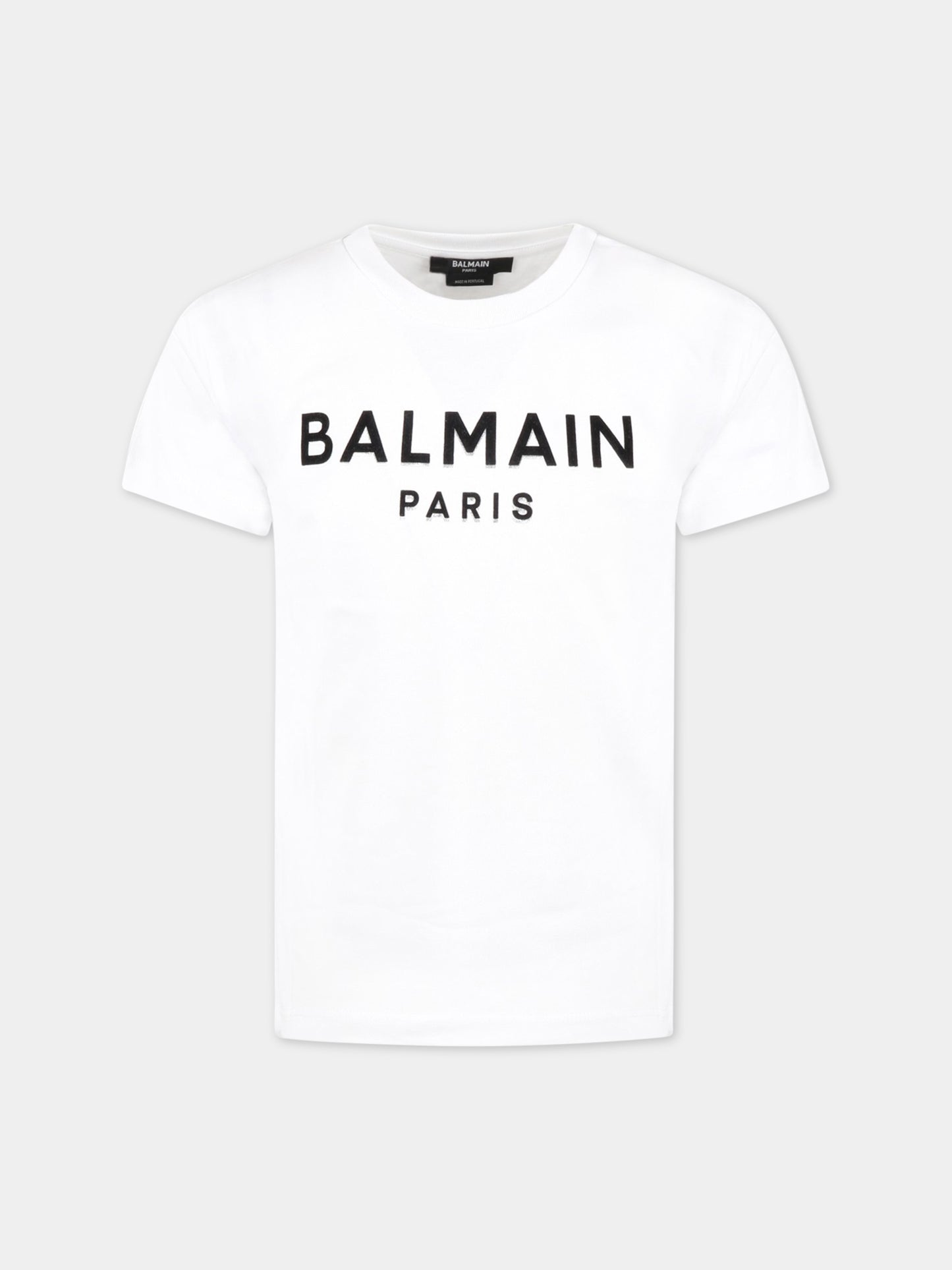 T-shirt bianca per bambini con logo nero in velluto,Balmain Kids,BS8P31 Z0082 100NE