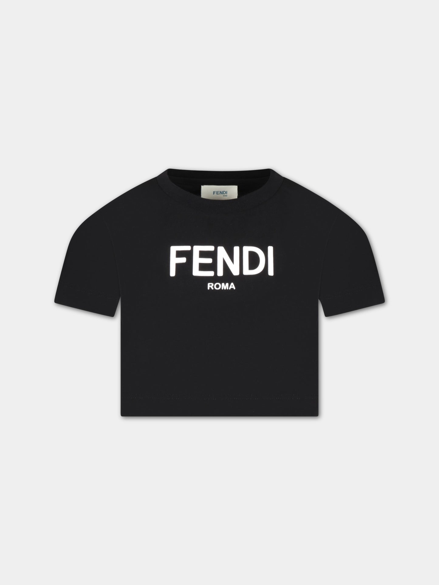 T-shirt nera corta per bambina con logo bianco FF,Fendi Kids,JFI276 7AJ F0GME