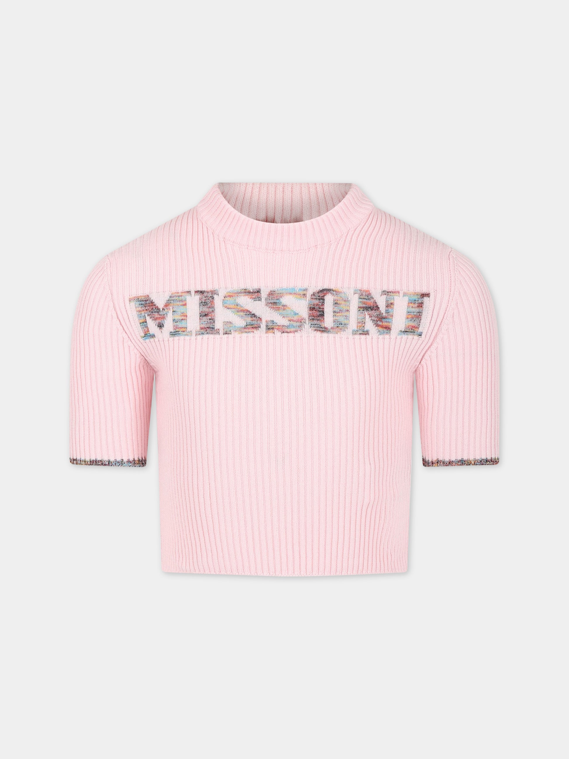 Maglione rosa per bambina con logo multicolor ricamato,Missoni,MS9A11 X0007 501