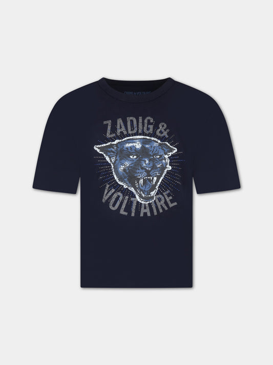 T-shirt blu per bambina con tigre e logo,Zadig & Voltaire Kids,X15386 83D