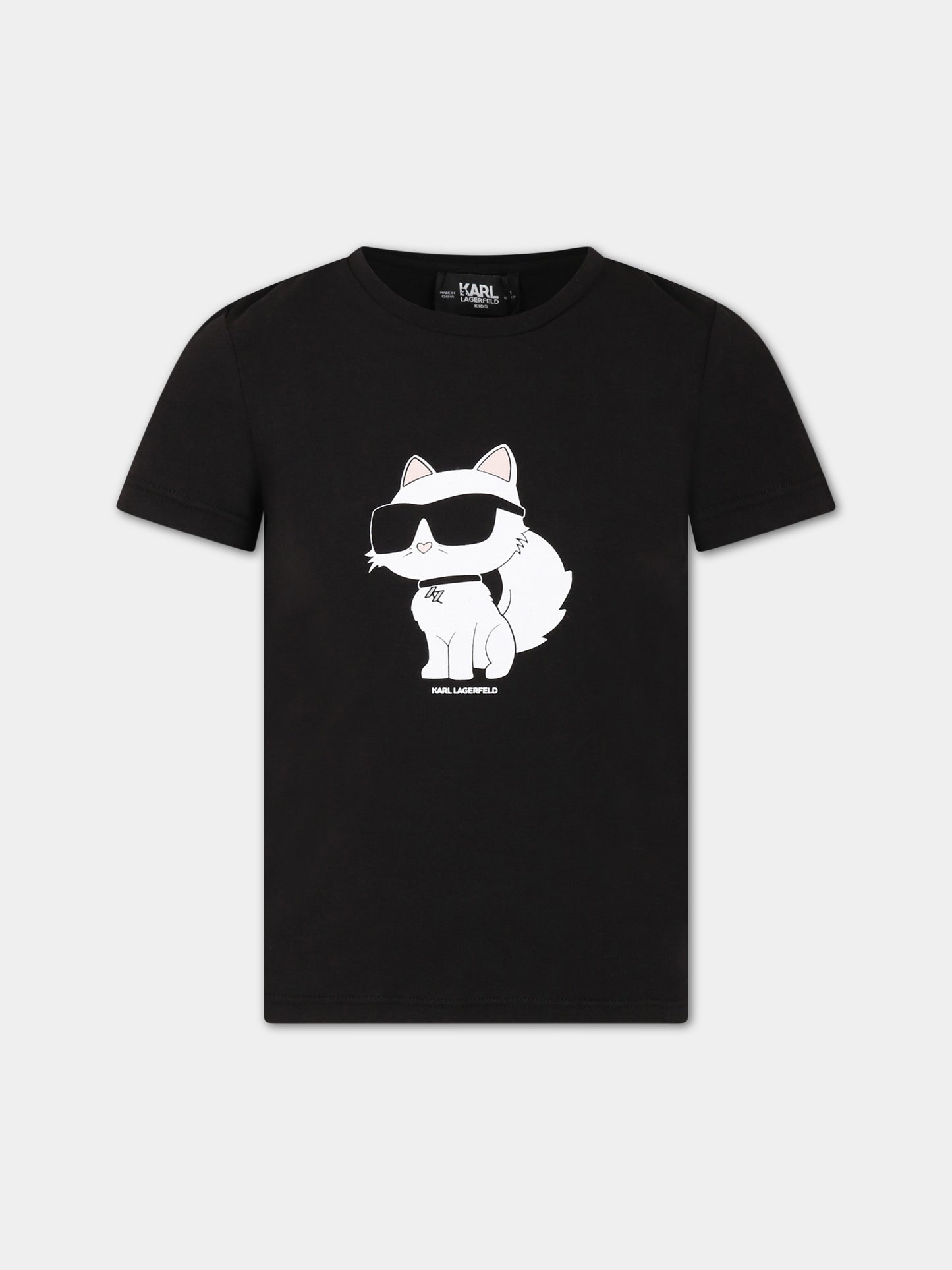 T-shirt nera per bambina con stampa e logo,Karl Lagerfeld Kids,Z15416 09B
