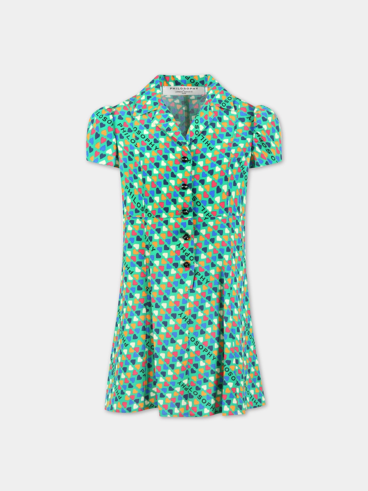 Vestito verde per bambina con cuori e logo,Philosophy,PJAB248 GA111 1002