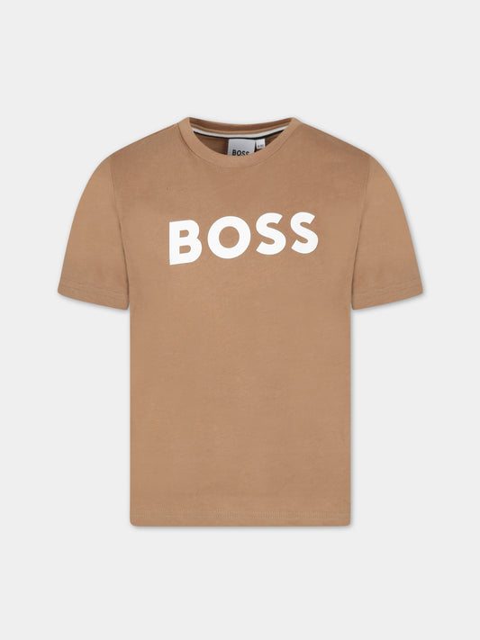 T-shirt marrone per bambino con logo bianco,Boss,J25O04 269