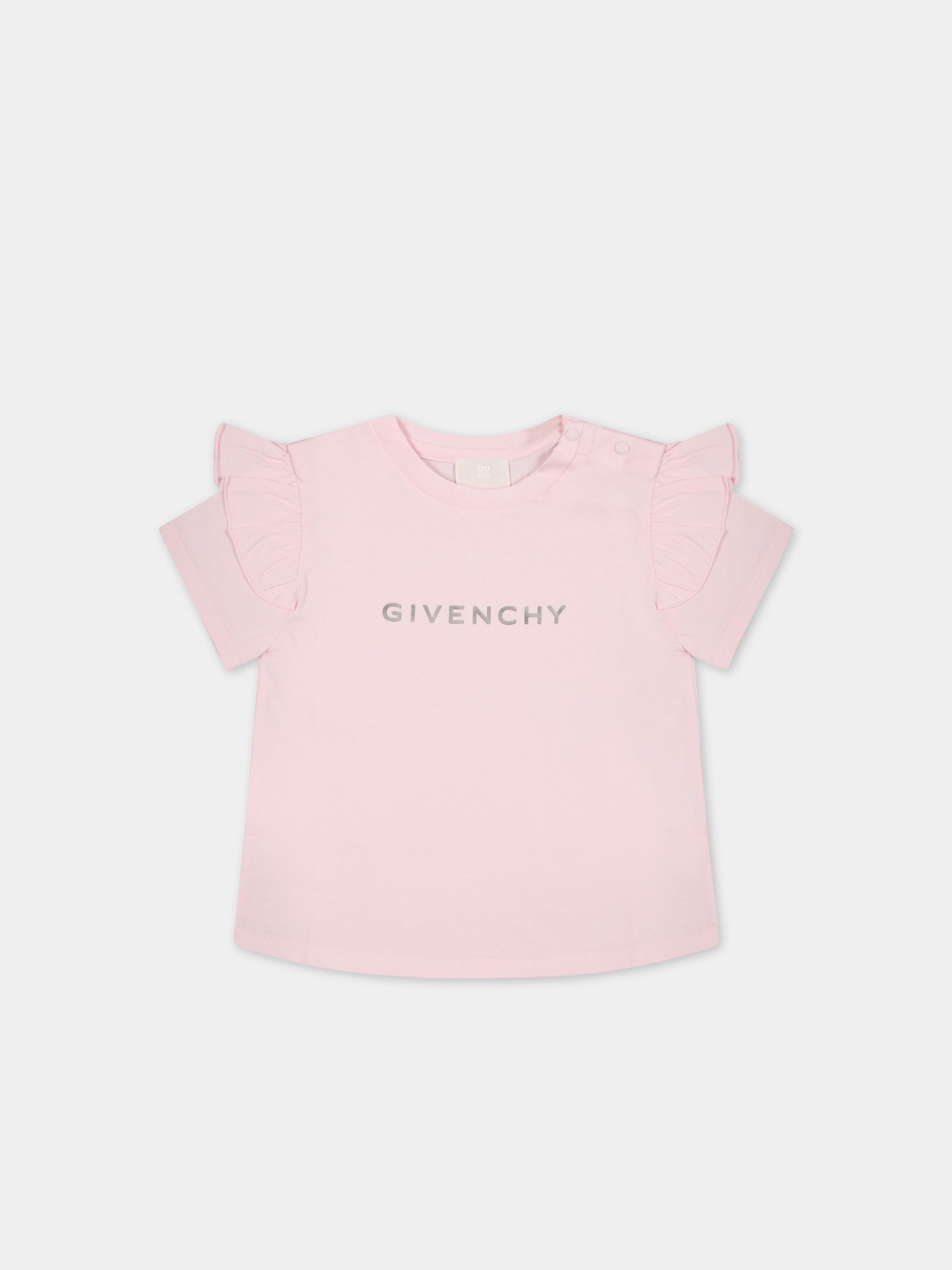 T-shirt rosa per neonata con logo argentato,Givenchy Kids,H05256 44Z