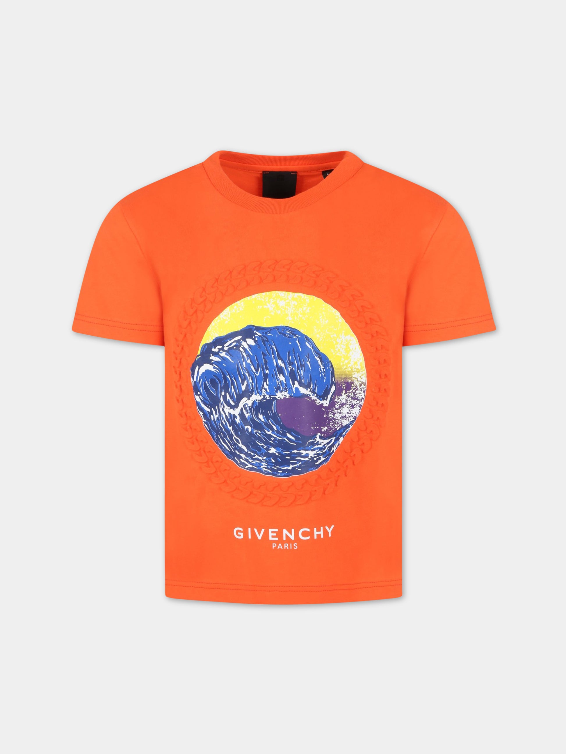 T-shirt arancione con onda e logo,Givenchy Kids,H25411 98B