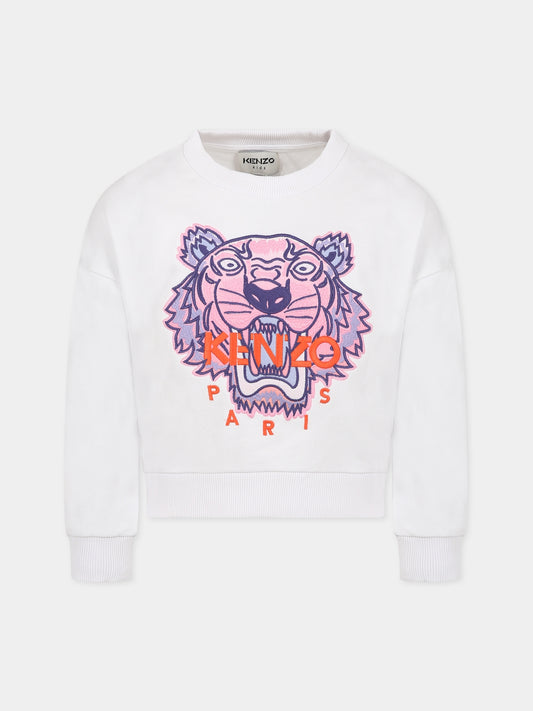 Felpa bianca per bambina con Kotora e logo,Kenzo Kids,K15635 10P