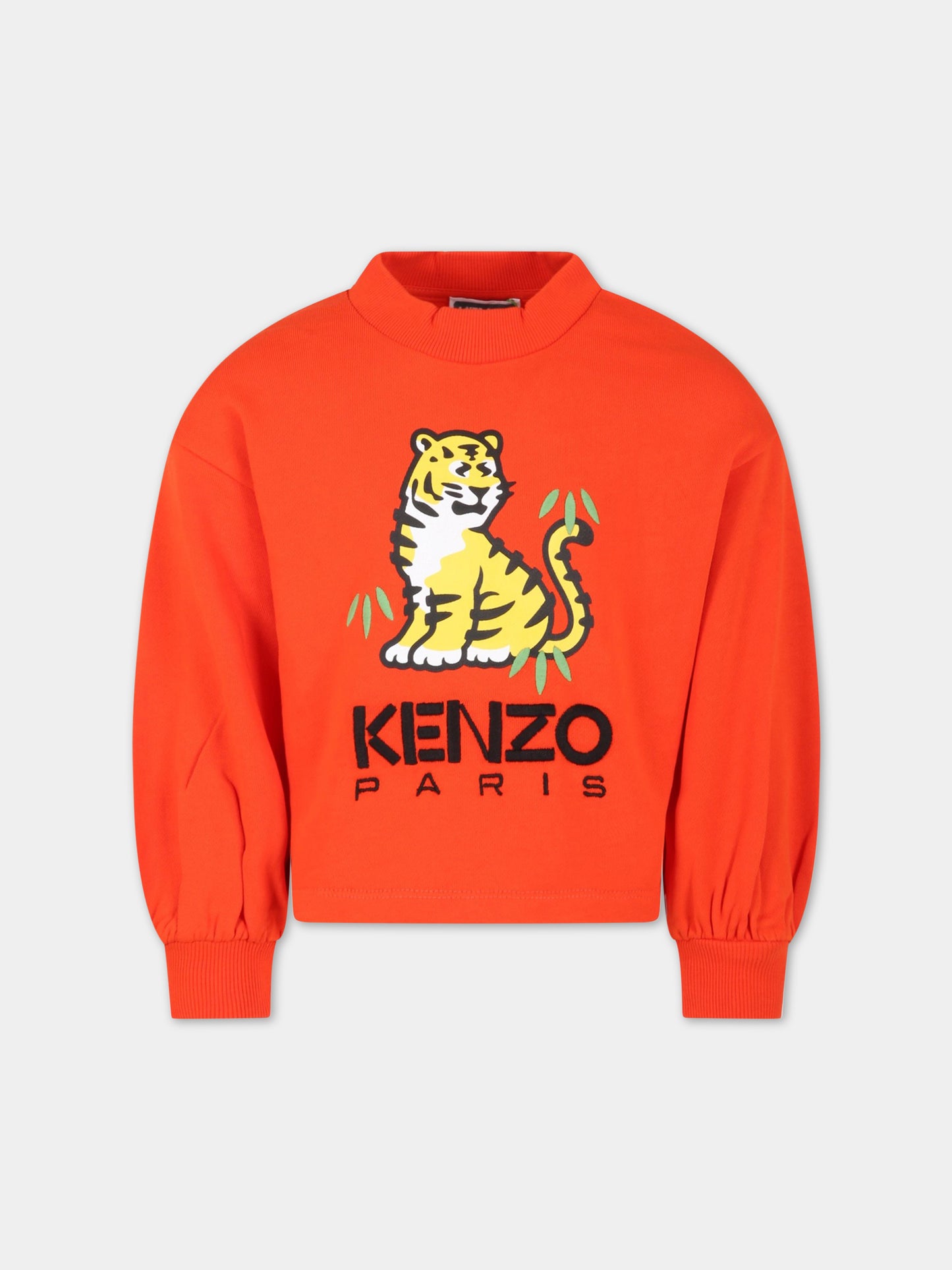 Felpa arancione per bambina con tigre e logo,Kenzo Kids,K15666 987