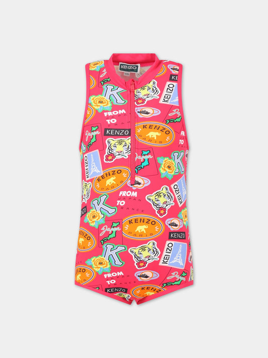 Costume fucsia per bambina con tigre e logo,Kenzo Kids,K10065 491