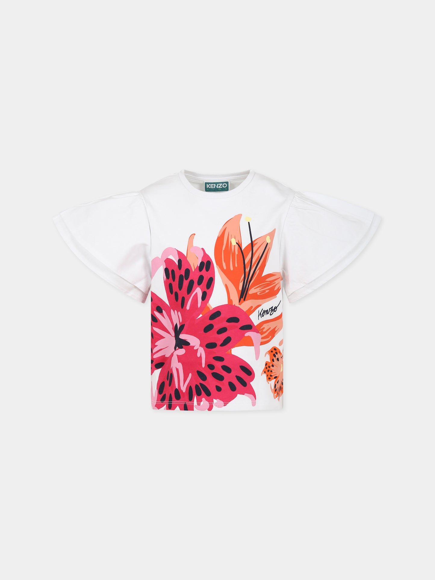 T-shirt bianca per bambina con stampa fiori e logo,Kenzo Kids,K15627 10P