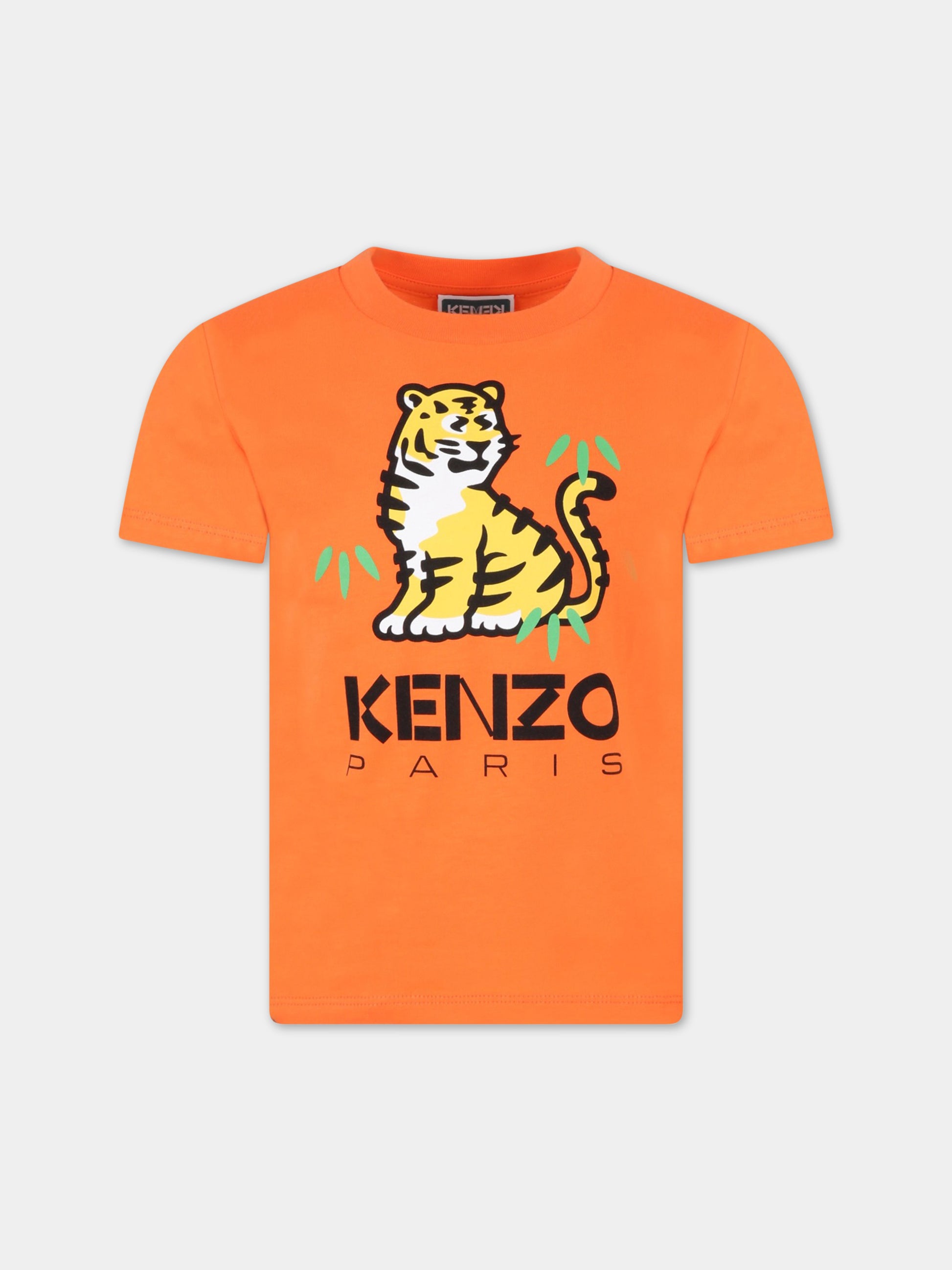 T-shirt arancione per bambino con stampa tigre e logo,Kenzo Kids,K25800 420