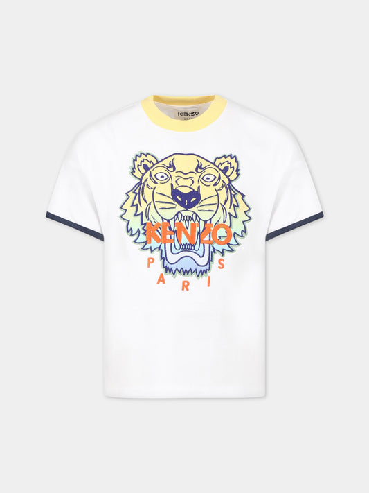 T-shirt bianca per bambino con iconica tigre  e logo,Kenzo Kids,K25804 10P