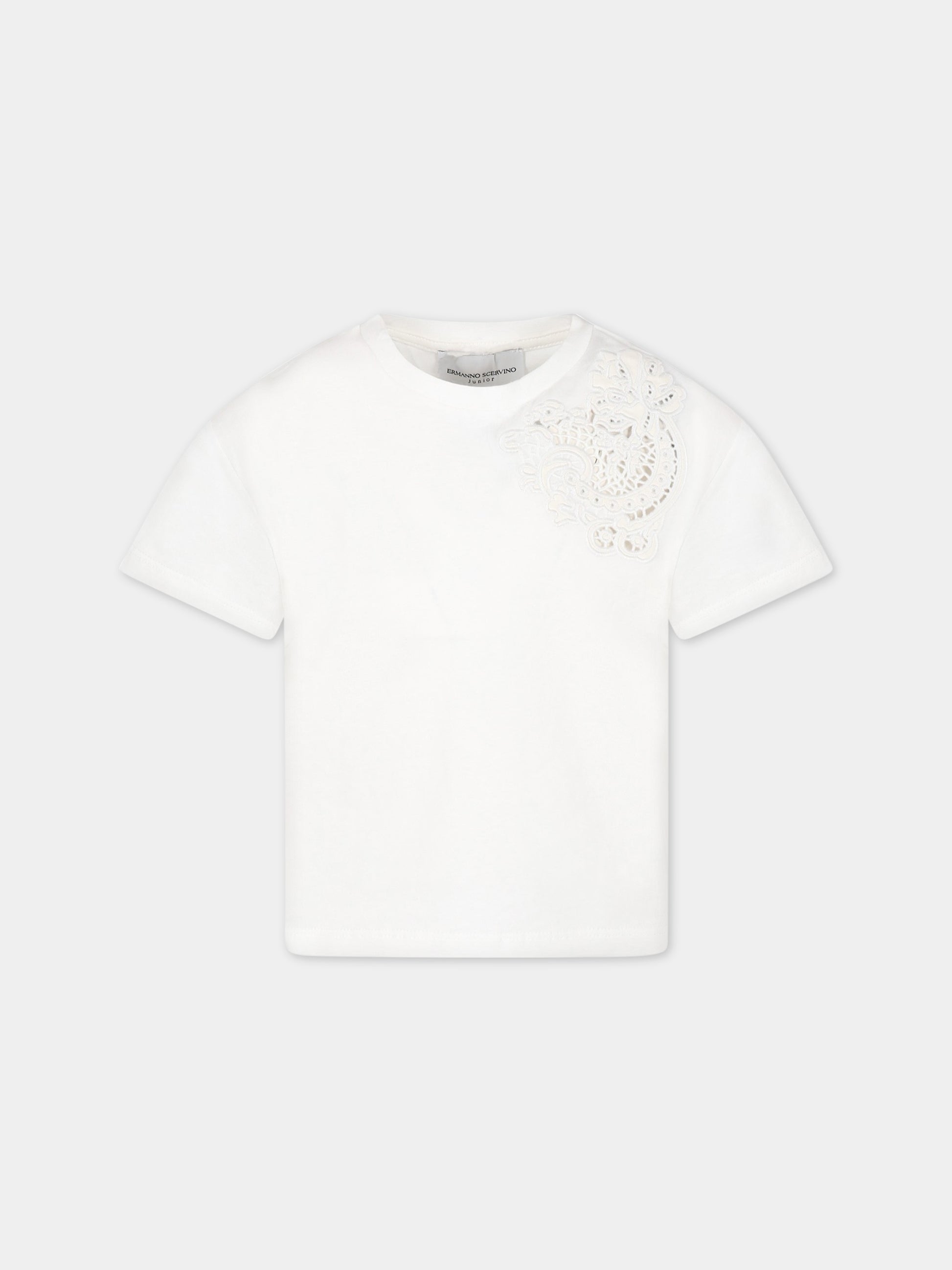 T-shirt bianca per bambina con ricamo,Ermanno Scervino Junior,SFTS050C JE199 0002