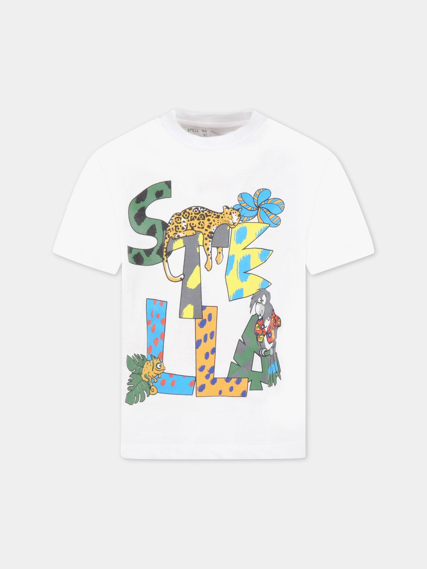 T-shirt bianca per bambini con logo e animali,Stella Mccartney Kids,TS8S91 Z0434 100