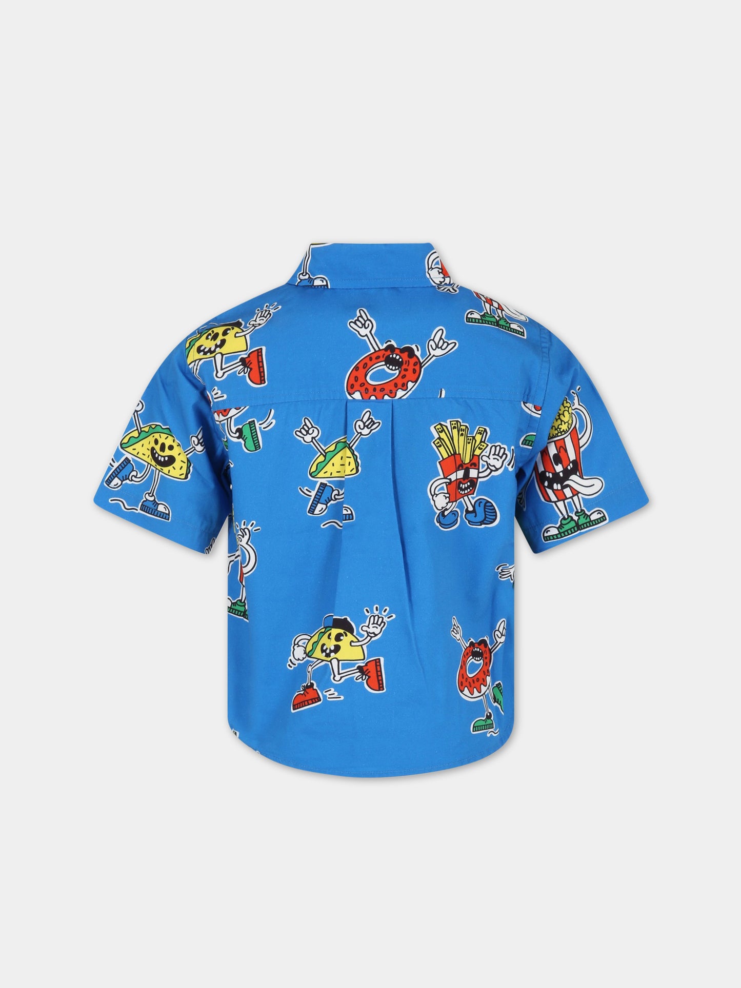 Camicia azzurra per bambino con cibo animato,Stella Mccartney Kids,TS5P11 Z0976 611MC