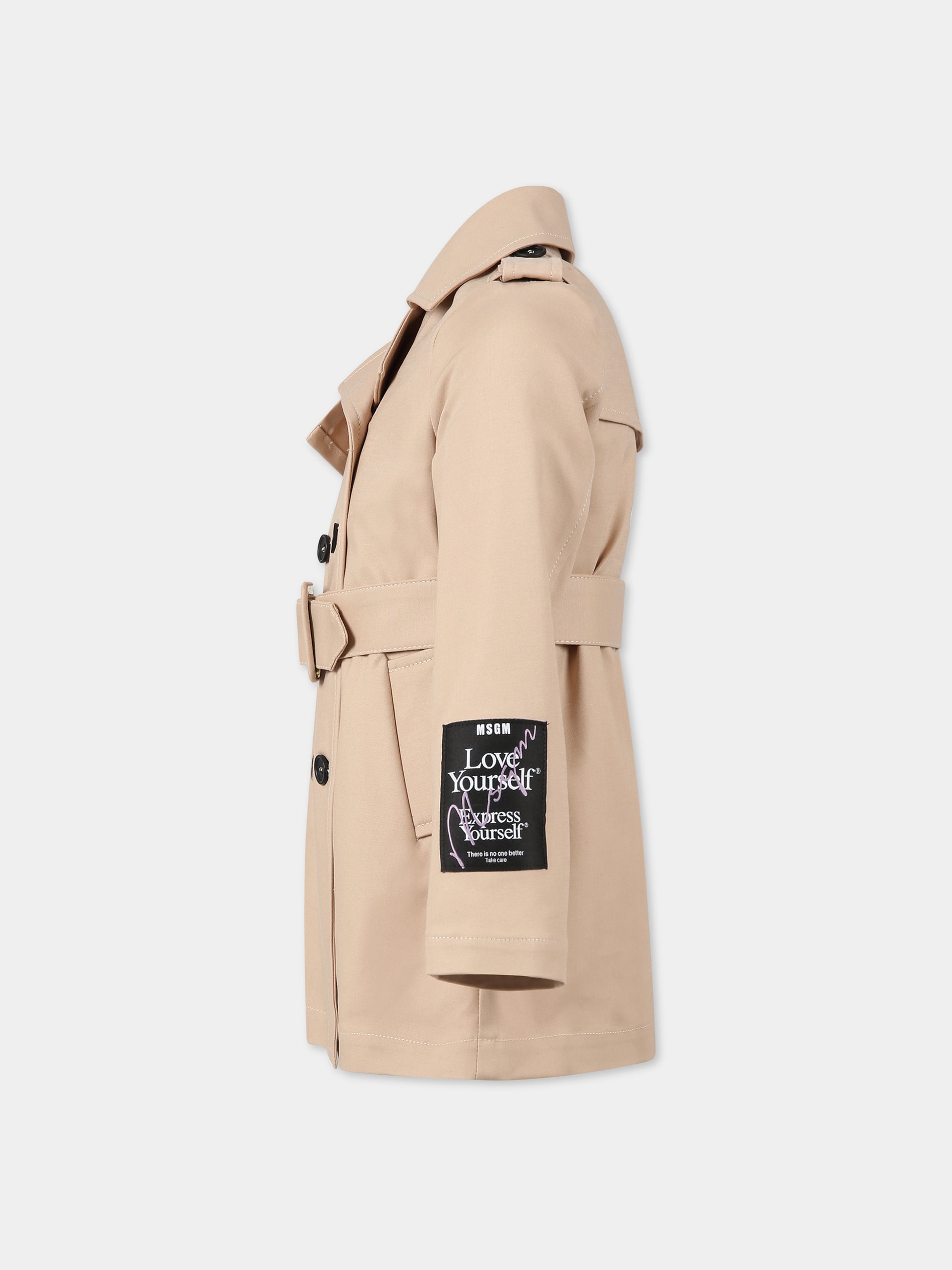 Cappotto beige per bambina con cuori e logo,Msgm Kids,MS029460 015