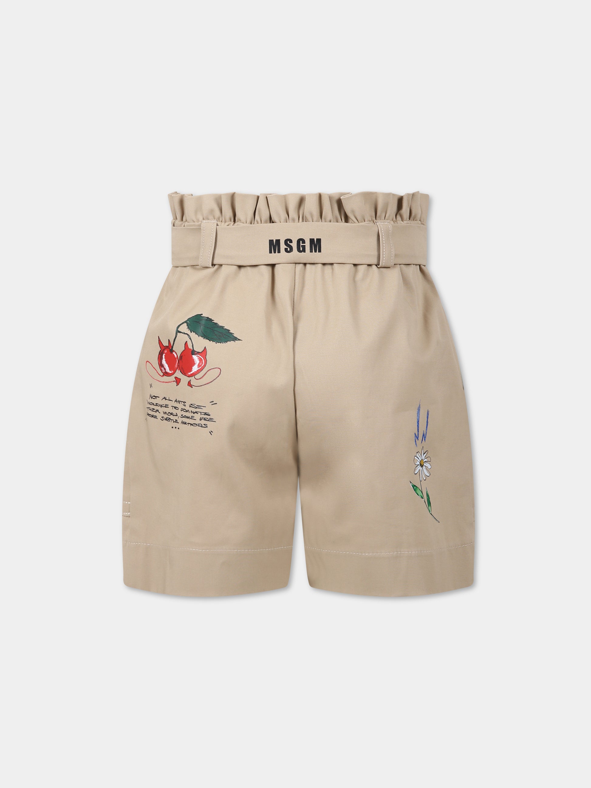 Shorts beige per bambina con stampa multicolor e logo,Msgm Kids,MS029400 015