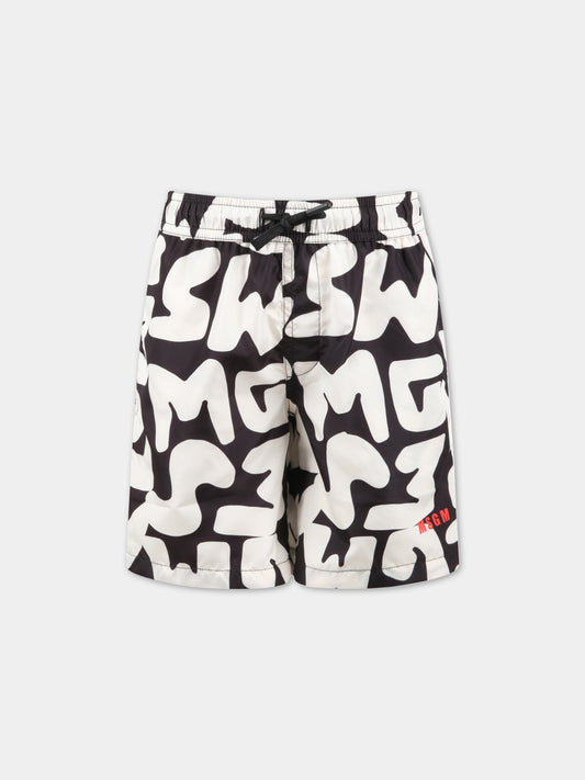 Boxer neri da mare per bambino con logo avorio,Msgm Kids,MS029532 200