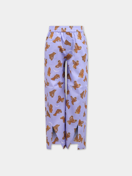 Pantaloni viola per bambina con orso e logo,Palm Angels,PGCA004S23FAB0013660