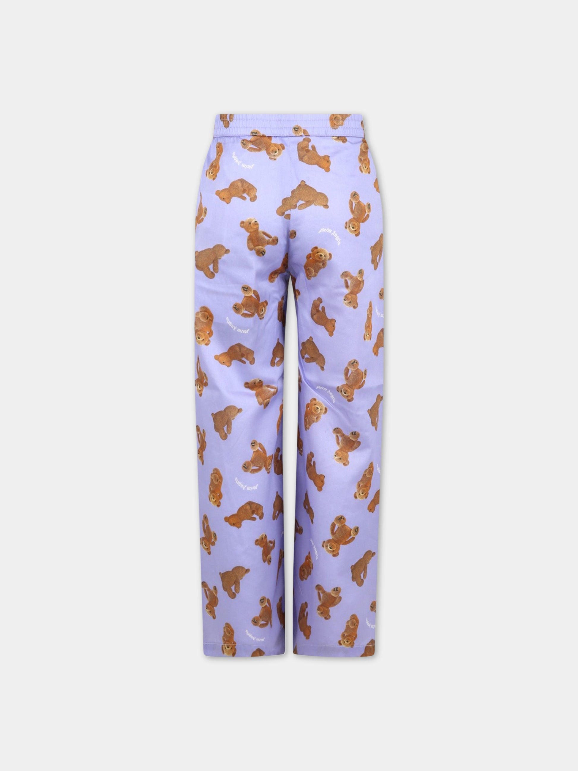 Pantaloni viola per bambina con orso e logo,Palm Angels,PGCA004S23FAB0013660
