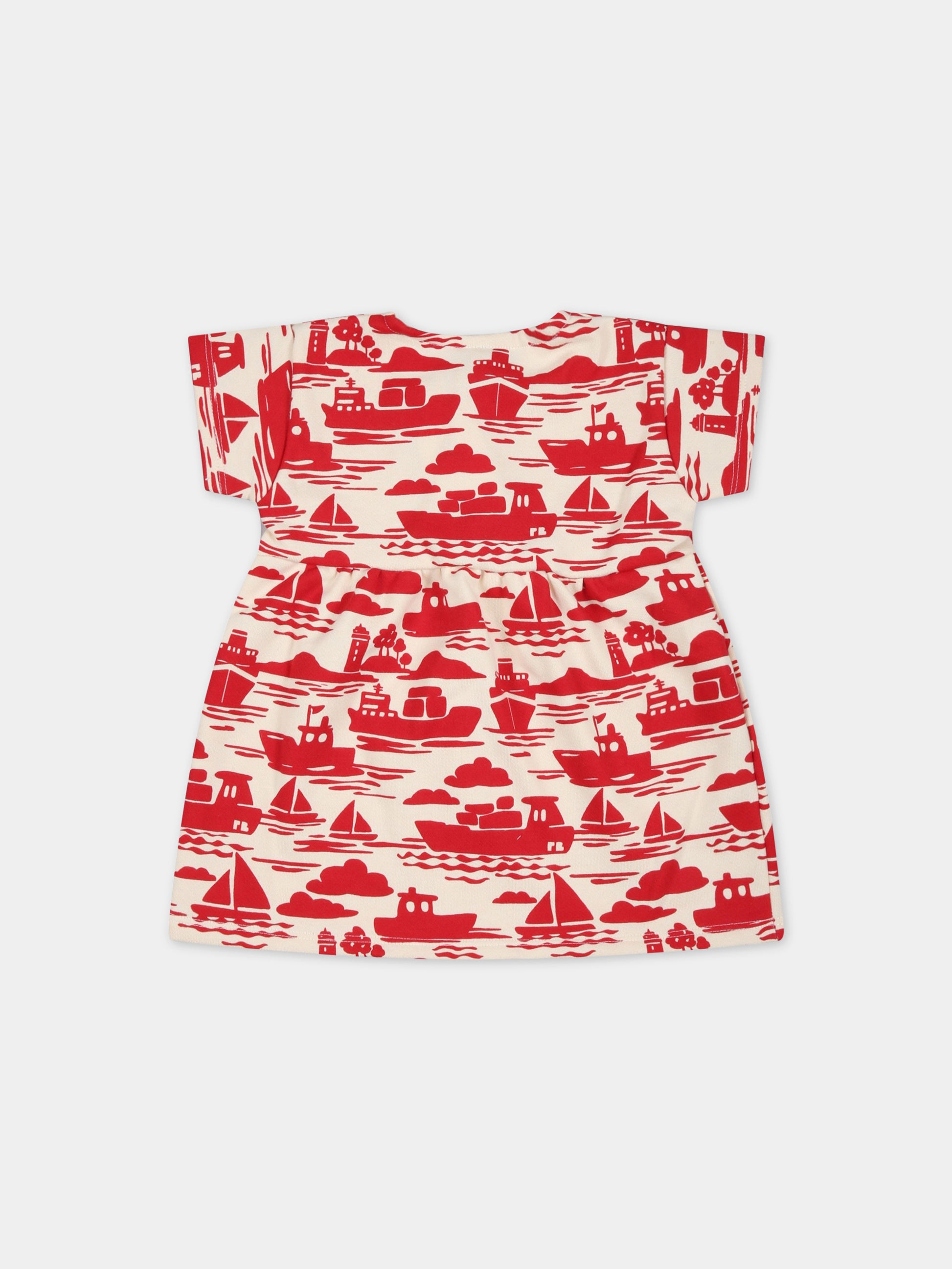 Vestito beige per neonata con navi rosse,Petit Bateau,A0782 AVALANCHE/ROUGE