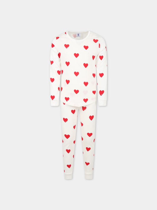 Pigiama bianco per bambina con cuori logati,Petit Bateau,59401 MARSHMALLOW/TERKUIT