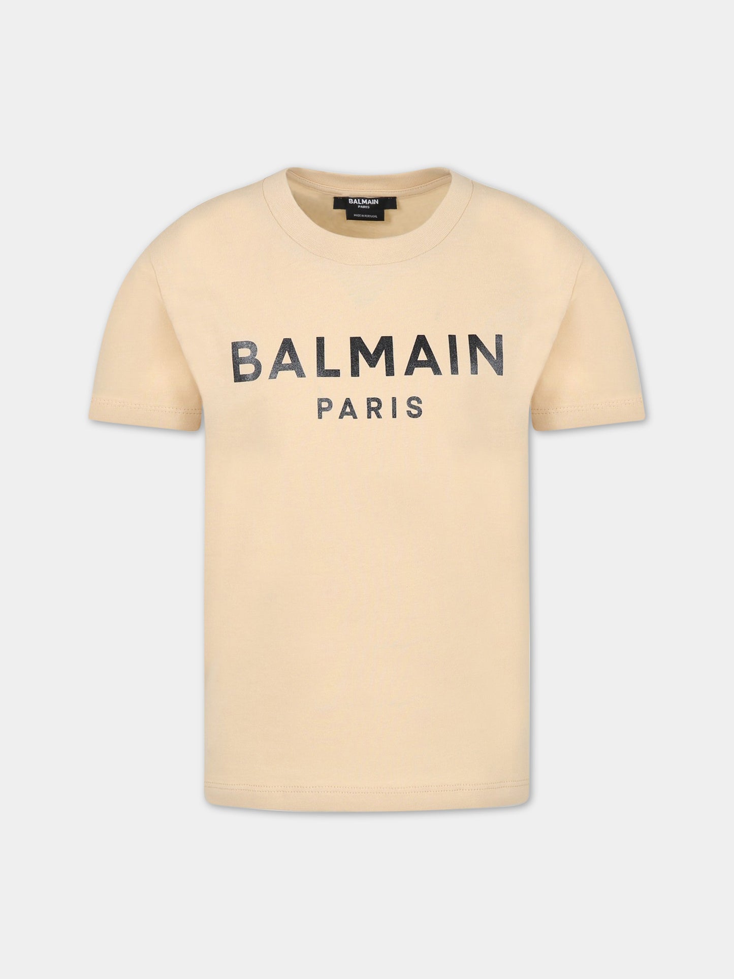 T-shirt beige per bambini con logo nero,Balmain Kids,BS8R51 Z0057 120NE