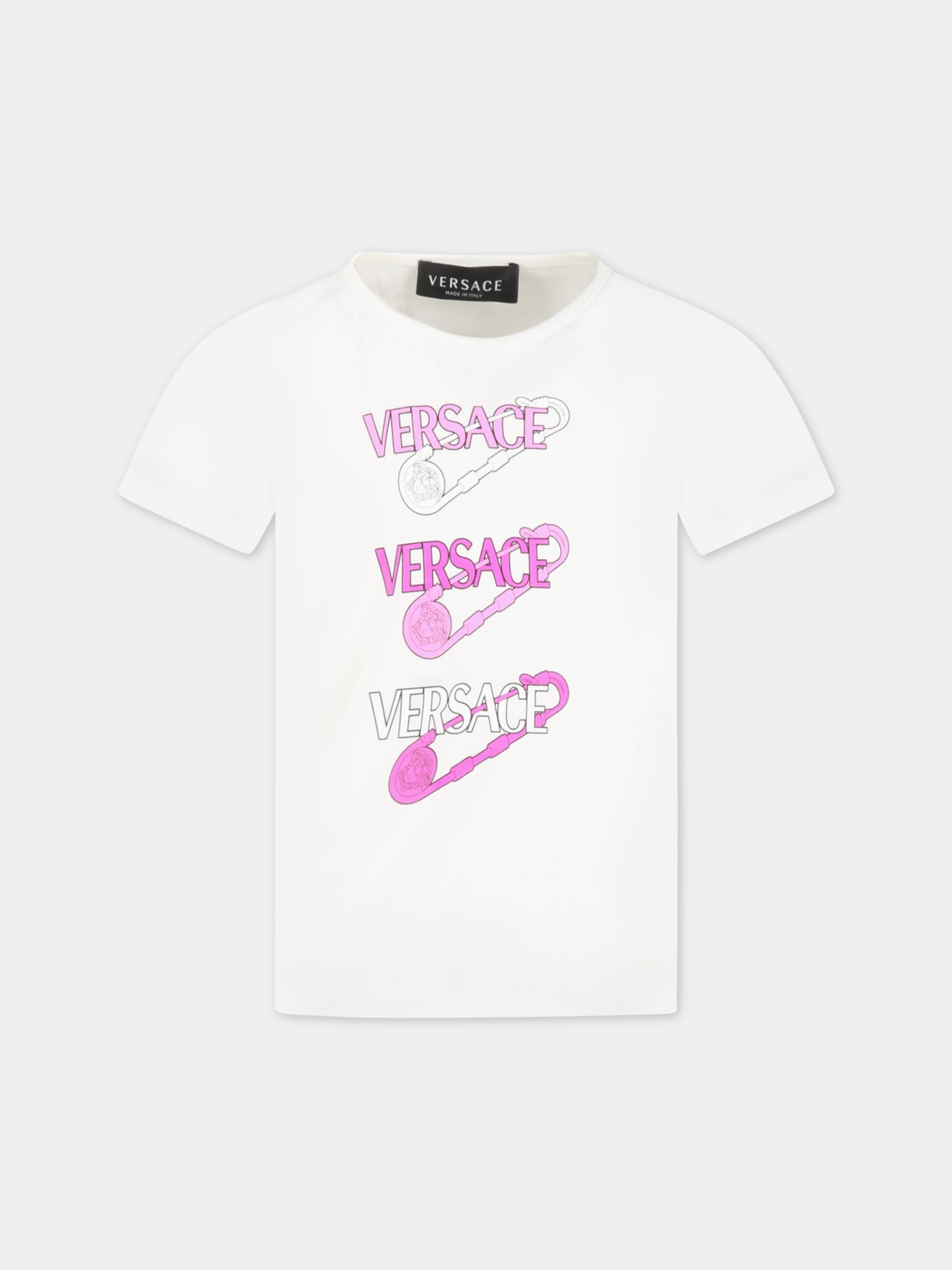 T-shirt bianca per bambina con loghi e Spille Safety,Versace,1009092 1A06482 2W070