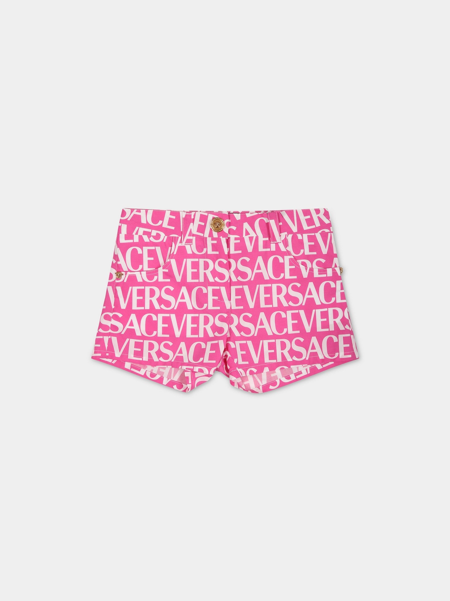 Shorts fucsia per neonata con stampa logo,Versace,1009110 1A05244 5P110