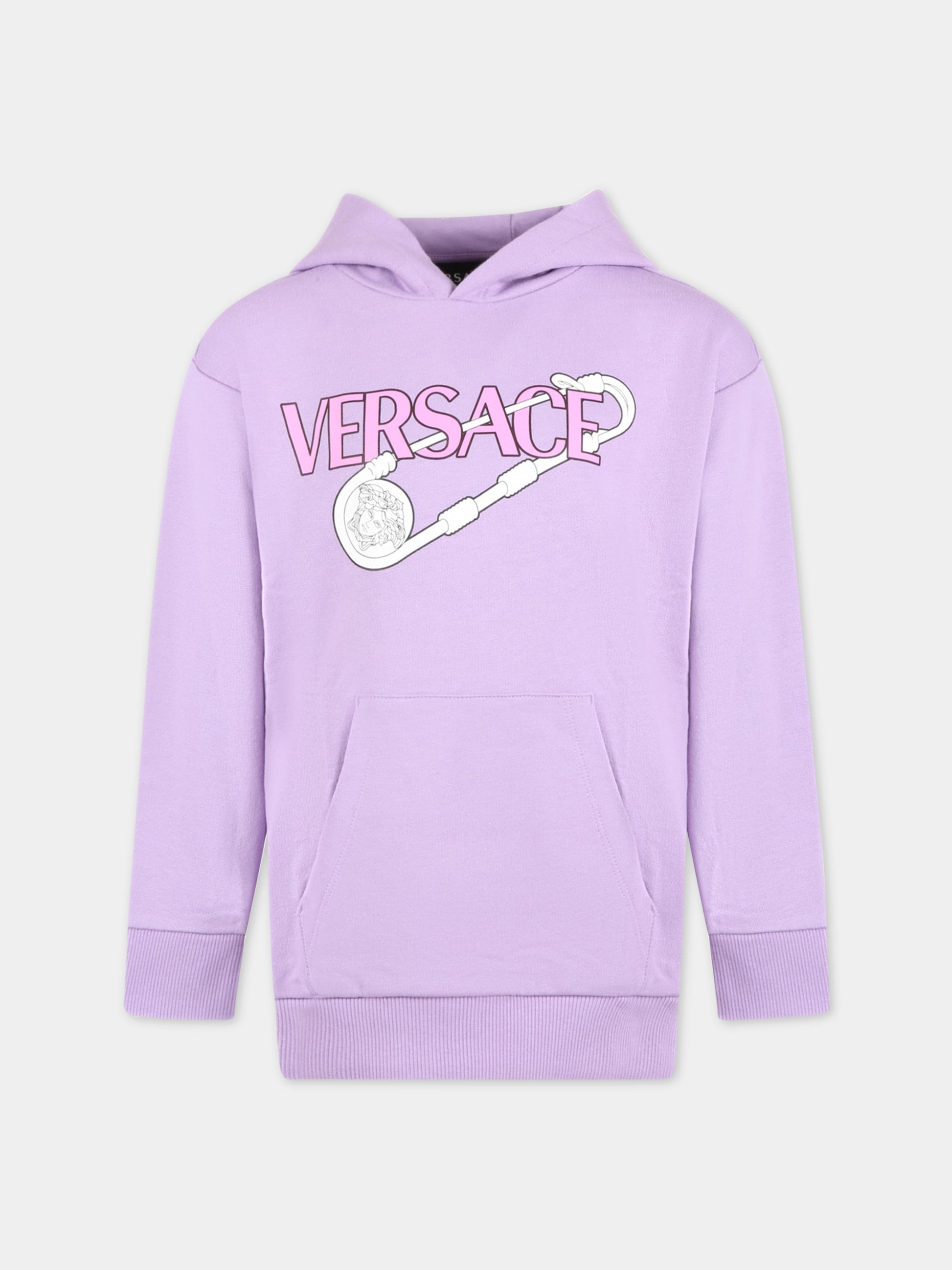 Felpa viola per bambina con logo e Spilla Safety,Versace,1007359 1A04697 2L690