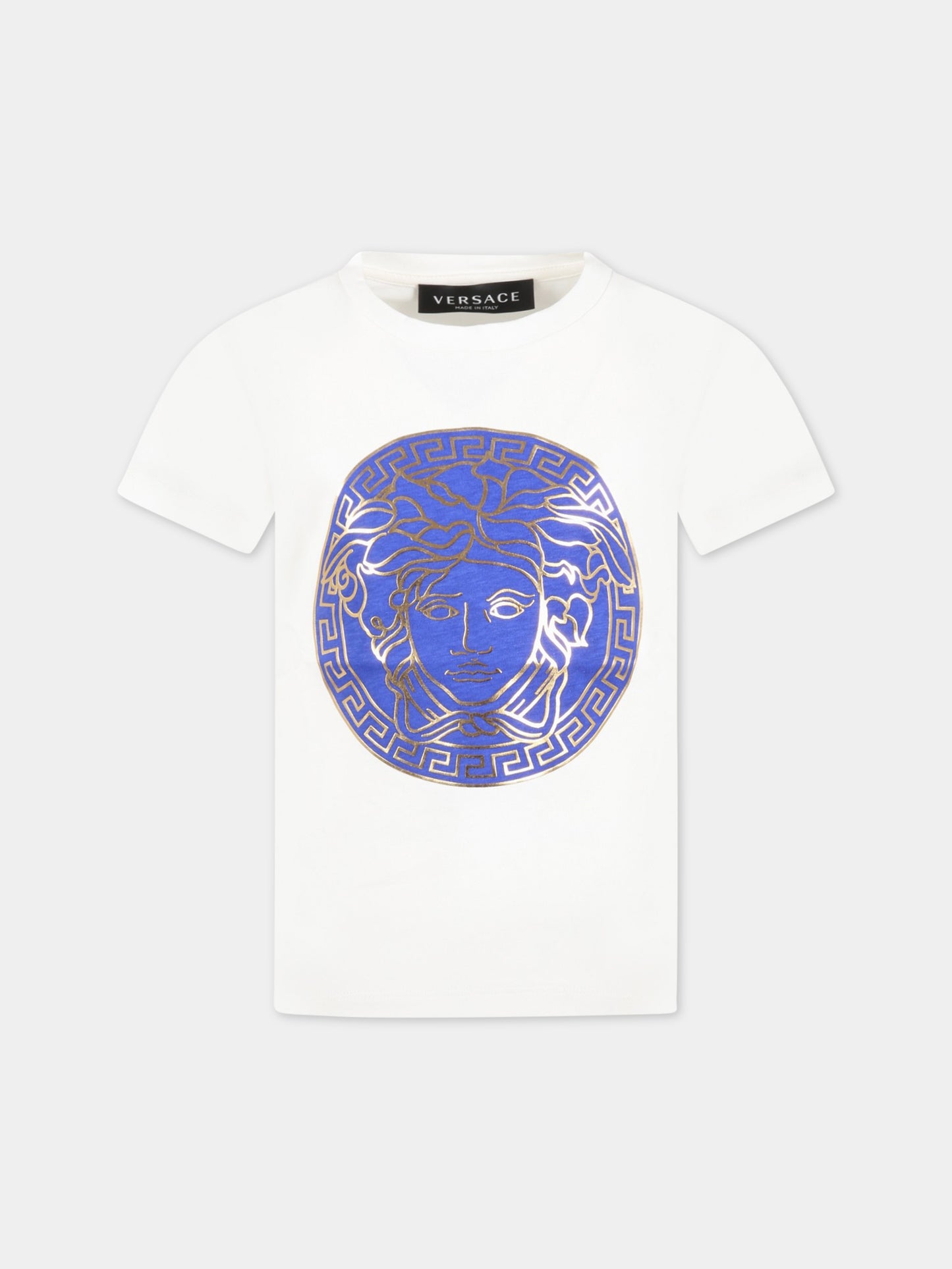 T-shirt bianca per bambino con Medusa blu,Versace,1000239 1A06520 6W800