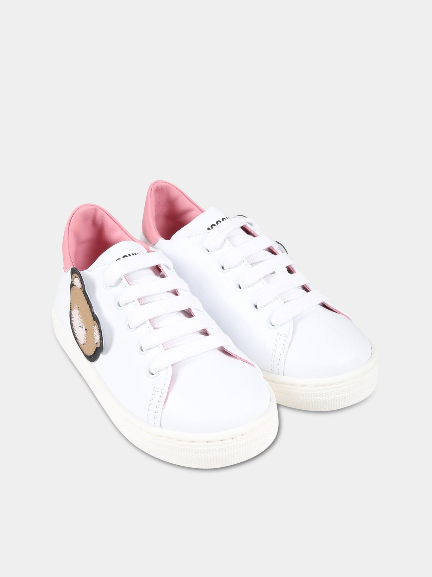 Sneakers bianche per bambina con Teddy Bear e logo,Moschino Kids,74350 1